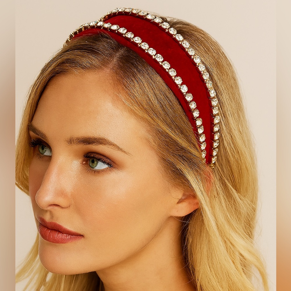 Elegant Red Velvet Headband*Crystal Headband*Wide Band*Old Money Modern Chic